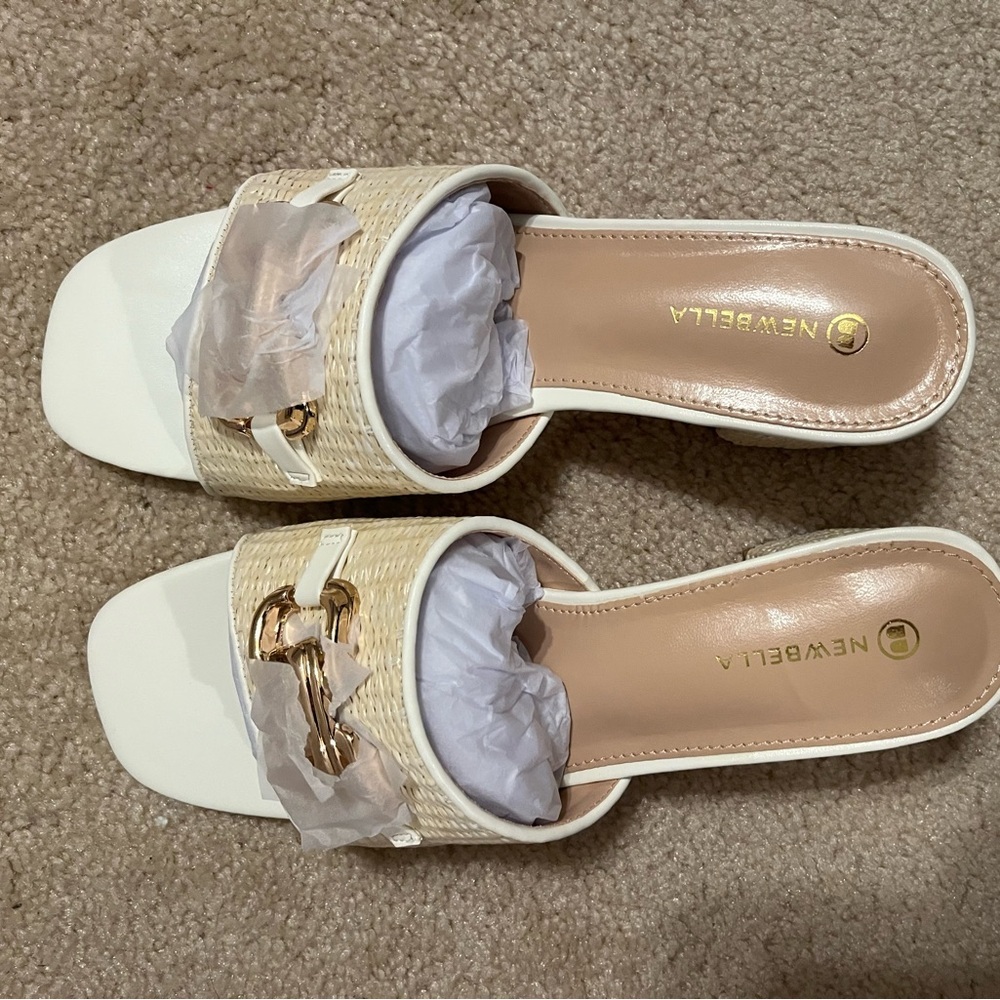 NIB NEWBELLA Raffia Slide Sandals Chain Block Heel Cream/Tan Women’s Size 7.5 - Picture 4 of 6